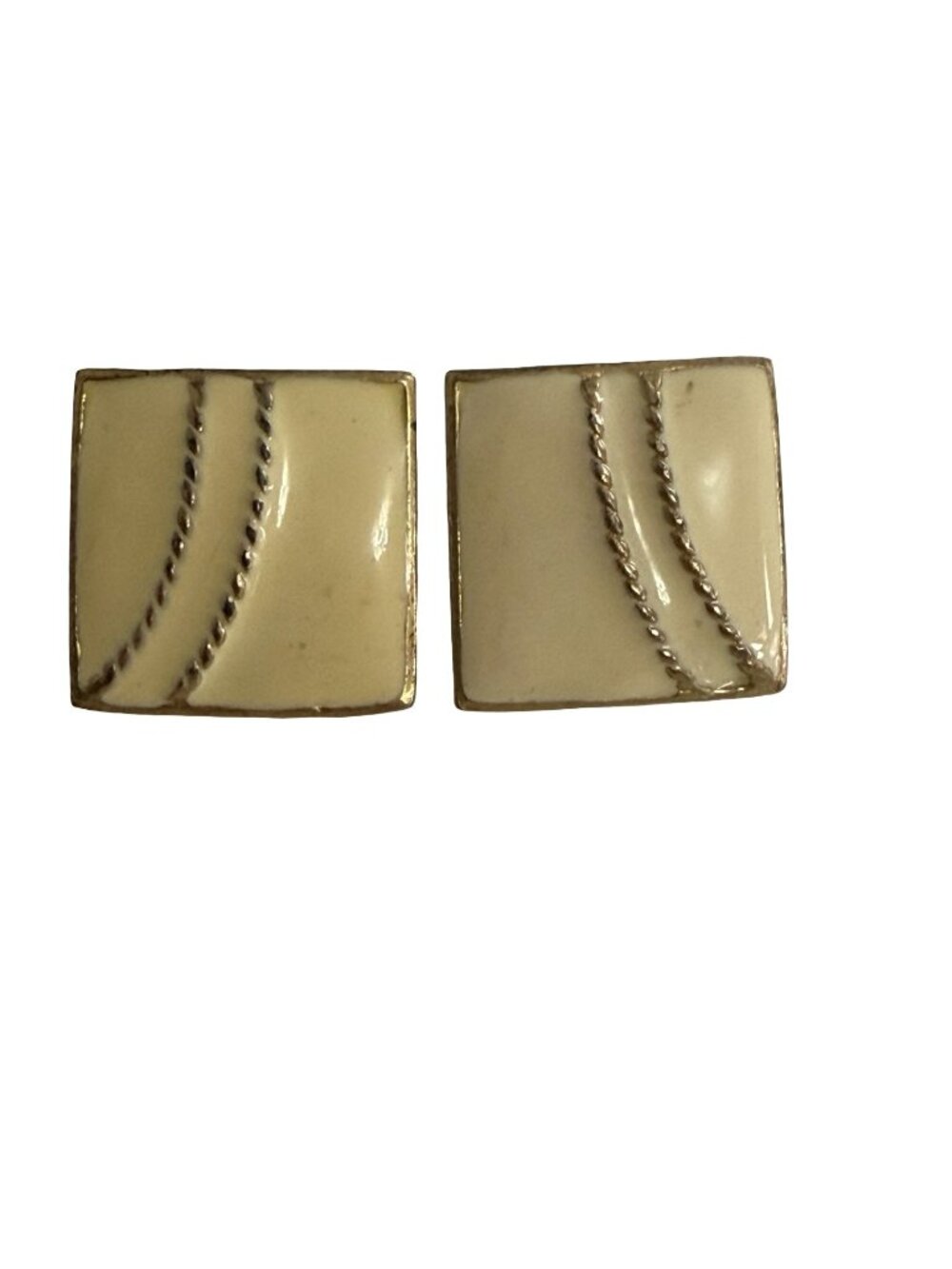 Vintage Cream Enamel Square Gold Tone Abstract Swirl Stud Earrings
